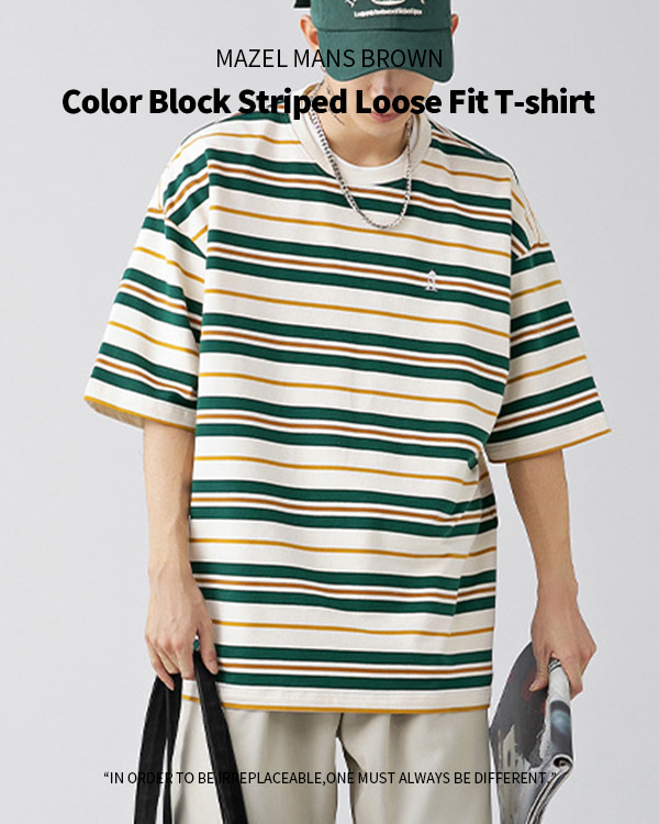 컬러 블록 스트라이프 루즈 핏 티셔츠